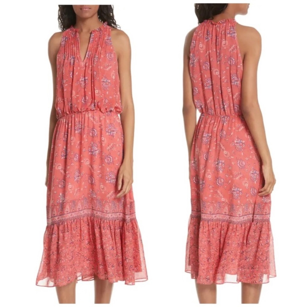 Joie Chara Midi Dress Boho Bohemian Flowy 100% Silk Pink Tiered Print X-Small